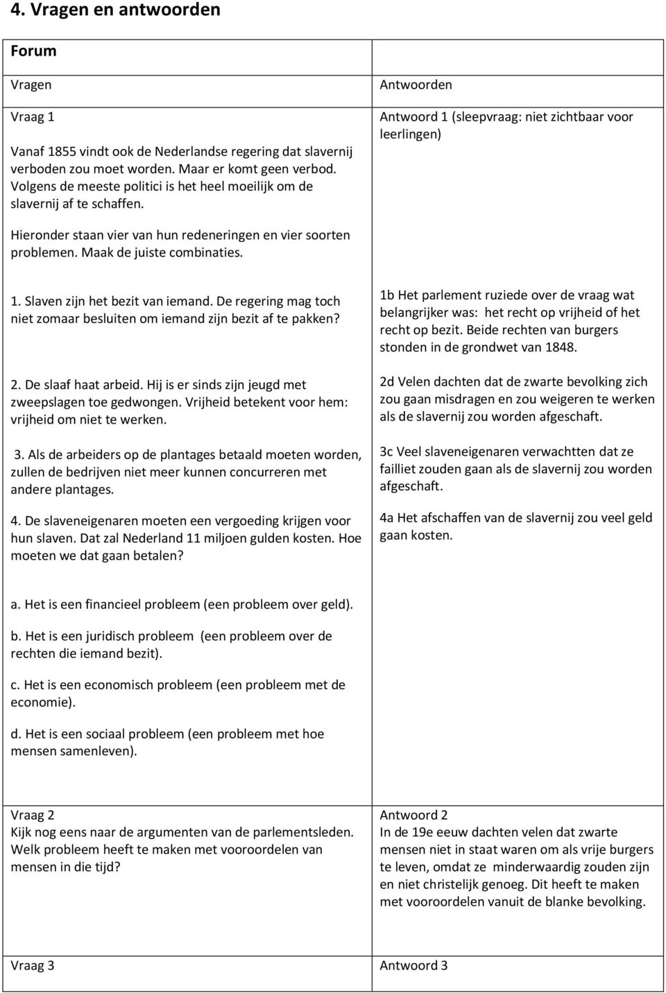 Antwoorden Antwoord 1 (sleepvraag: niet zichtbaar voor leerlingen) Hieronder staan vier van hun redeneringen en vier soorten problemen. Maak de juiste combinaties. 1. Slaven zijn het bezit van iemand.