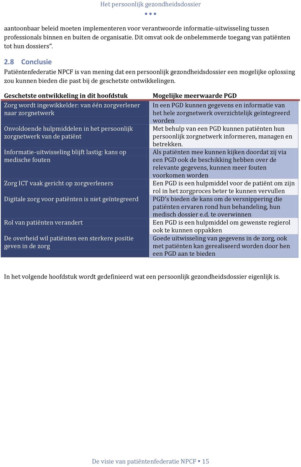 8 Conclusie Patiëntenfederatie NPCF is van mening dat een persoonlijk gezondheidsdossier een mogelijke oplossing zou kunnen bieden die past bij de geschetste ontwikkelingen.