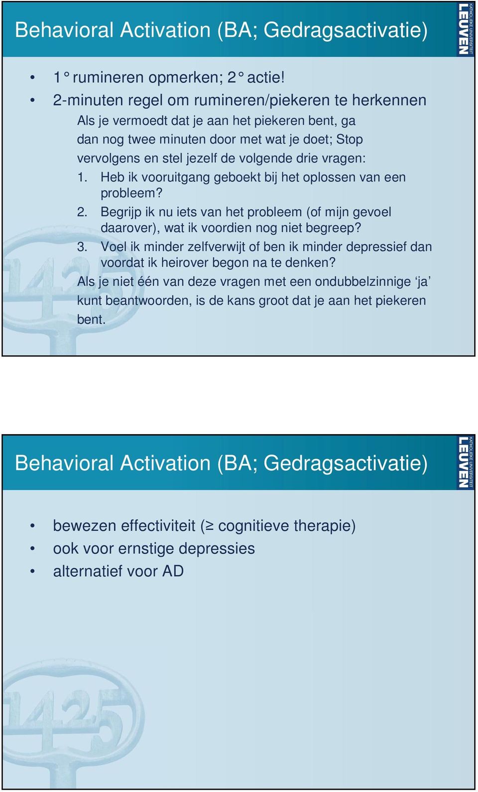 1. Heb ik vooruitgang geboekt bij het oplossen van een probleem? 2. Begrijp ik nu iets van het probleem (of mijn gevoel daarover), wat ik voordien nog niet begreep? 3.