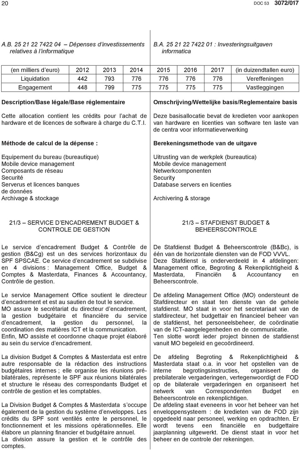 25 21 22 7422 01 : Investeringsuitgaven informatica Liquidation 442 793 776 776 776 776 Vereffeningen Engagement 448 799 775 775 775 775 Vastleggingen Cette allocation contient les crédits pour l