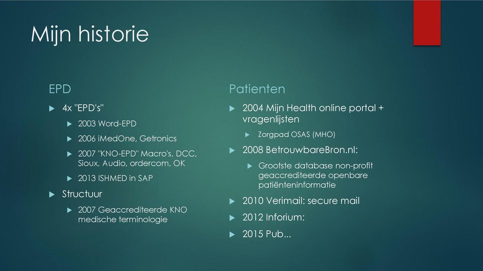 2004 Mijn Health online portal + vragenlijsten Zorgpad OSAS (MHO) 2008 BetrouwbareBron.