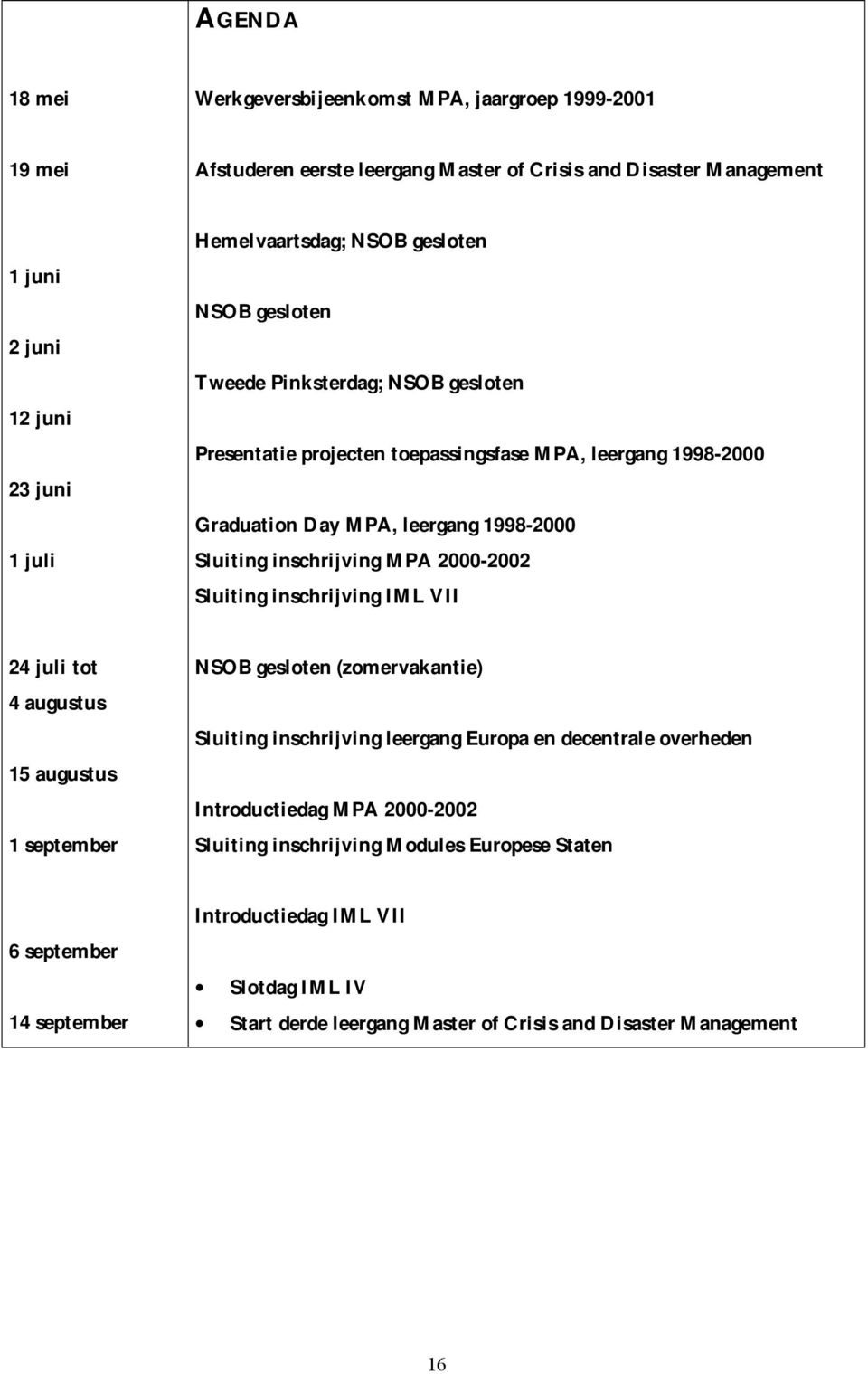 2000-2002 Sluiting inschrijving IML VII 24 juli tot 4 augustus 15 augustus 1 september NSOB gesloten (zomervakantie) Sluiting inschrijving leergang Europa en decentrale overheden