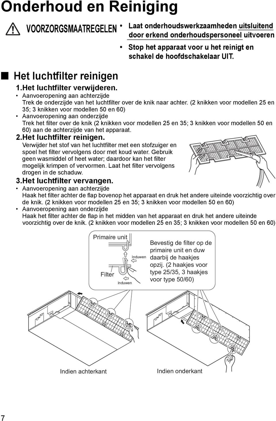 (2 knikken voor modellen 25 en 35; 3 knikken voor modellen 50 en 60) Aanvoeropening aan onderzijde Trek het filter over de knik (2 knikken voor modellen 25 en 35; 3 knikken voor modellen 50 en 60)