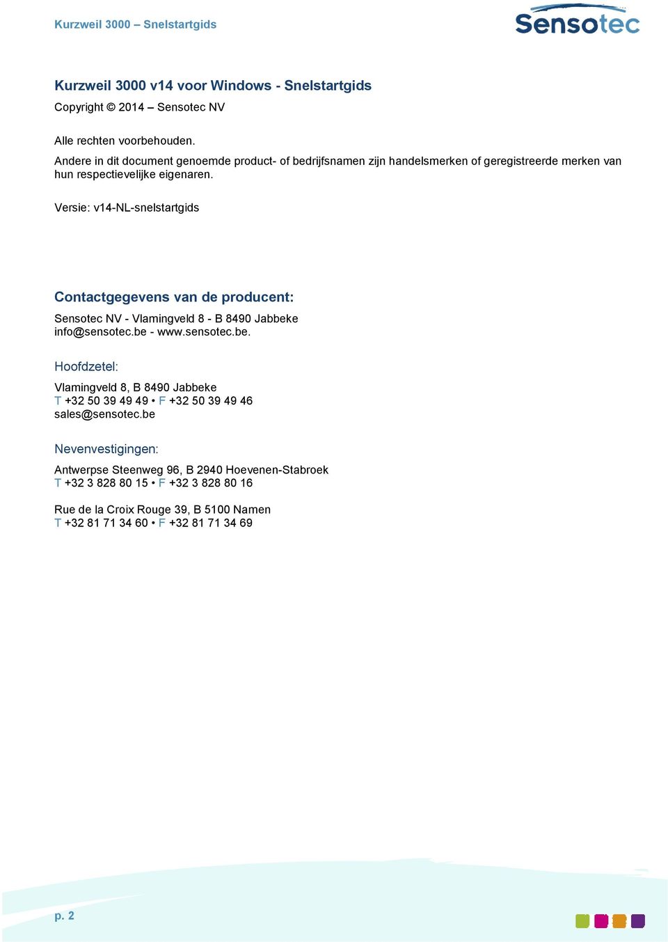 Versie: v14-nl-snelstartgids Contactgegevens van de producent: Sensotec NV - Vlamingveld 8 - B 8490 Jabbek