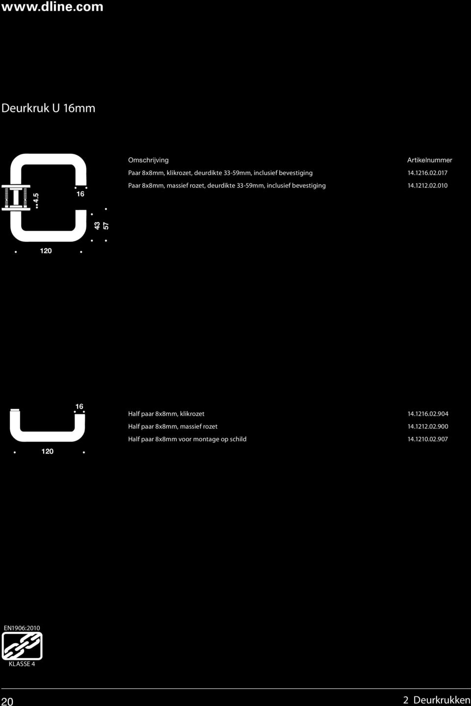 1216.02.017 Paar 8x8mm, massief rozet, deurdikte 33-59mm, inclusief bevestiging 14.1212.02.010 43 57 120 120 16 Half paar 8x8mm, klikrozet 14.