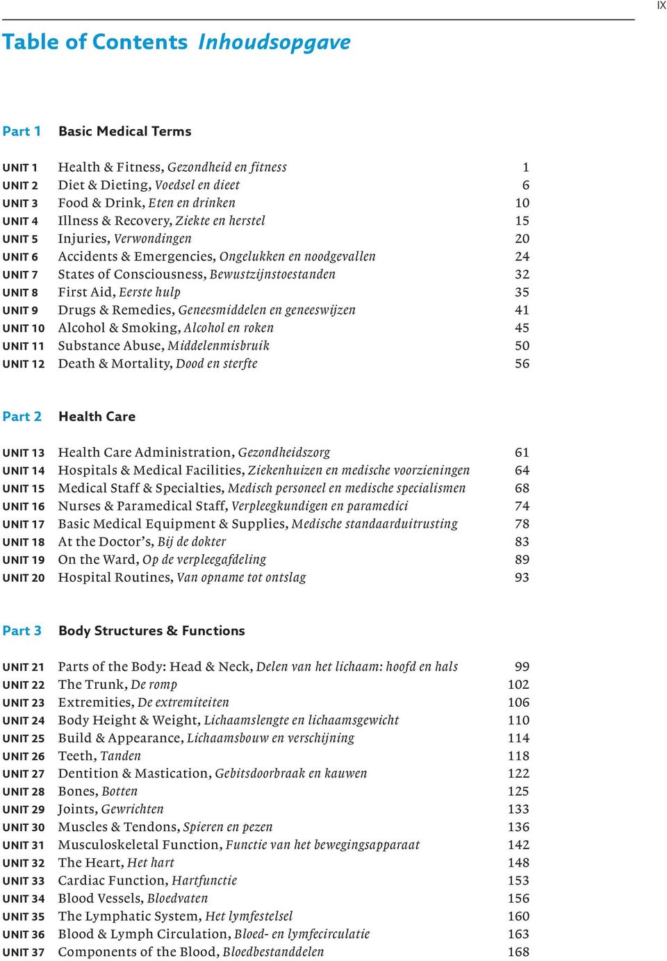 Consciousness, Bewustzijnstoestanden 32 UNIT 8 First Aid, Eerste hulp 35 UNIT 9 Drugs & Remedies, Geneesmiddelen en geneeswijzen 41 UNIT 10 Alcohol & Smoking, Alcohol en roken 45 UNIT 11 Substance