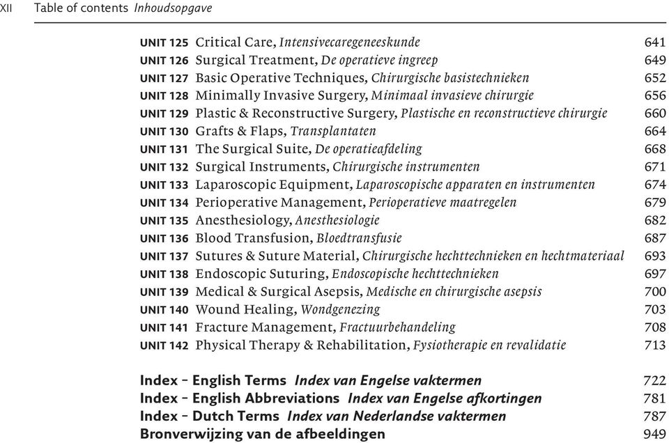 Flaps, Transplantaten 664 UNIT 131 The Surgical Suite, De operatieafdeling 668 UNIT 132 Surgical Instruments, Chirurgische instrumenten 671 UNIT 133 Laparoscopic Equipment, Laparoscopische apparaten