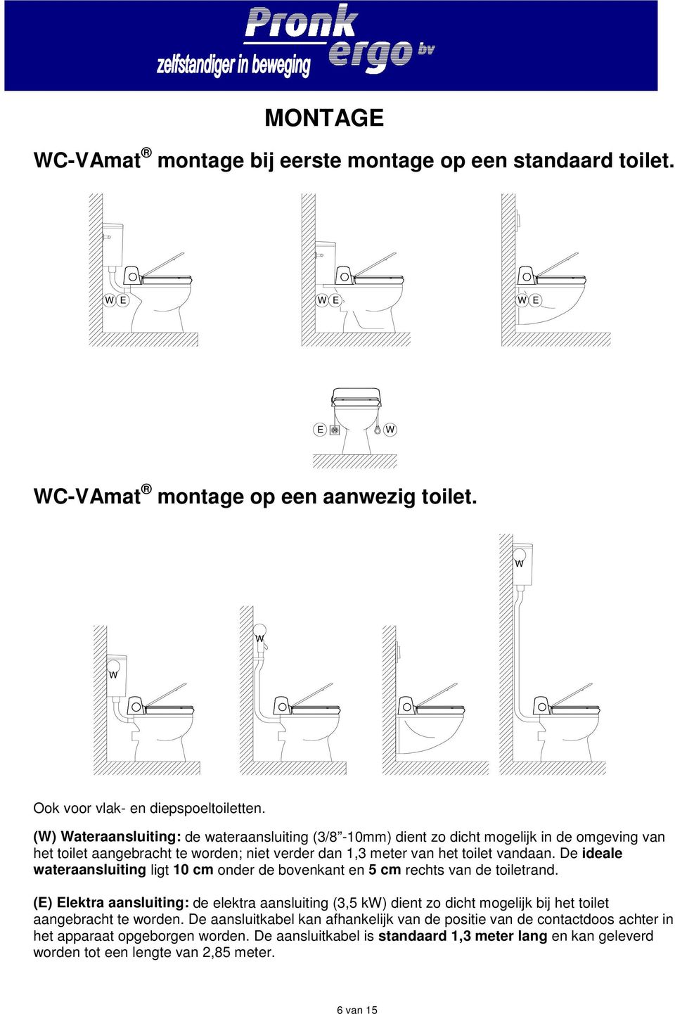 De ideale wateraansluiting ligt 10 cm onder de bovenkant en 5 cm rechts van de toiletrand.