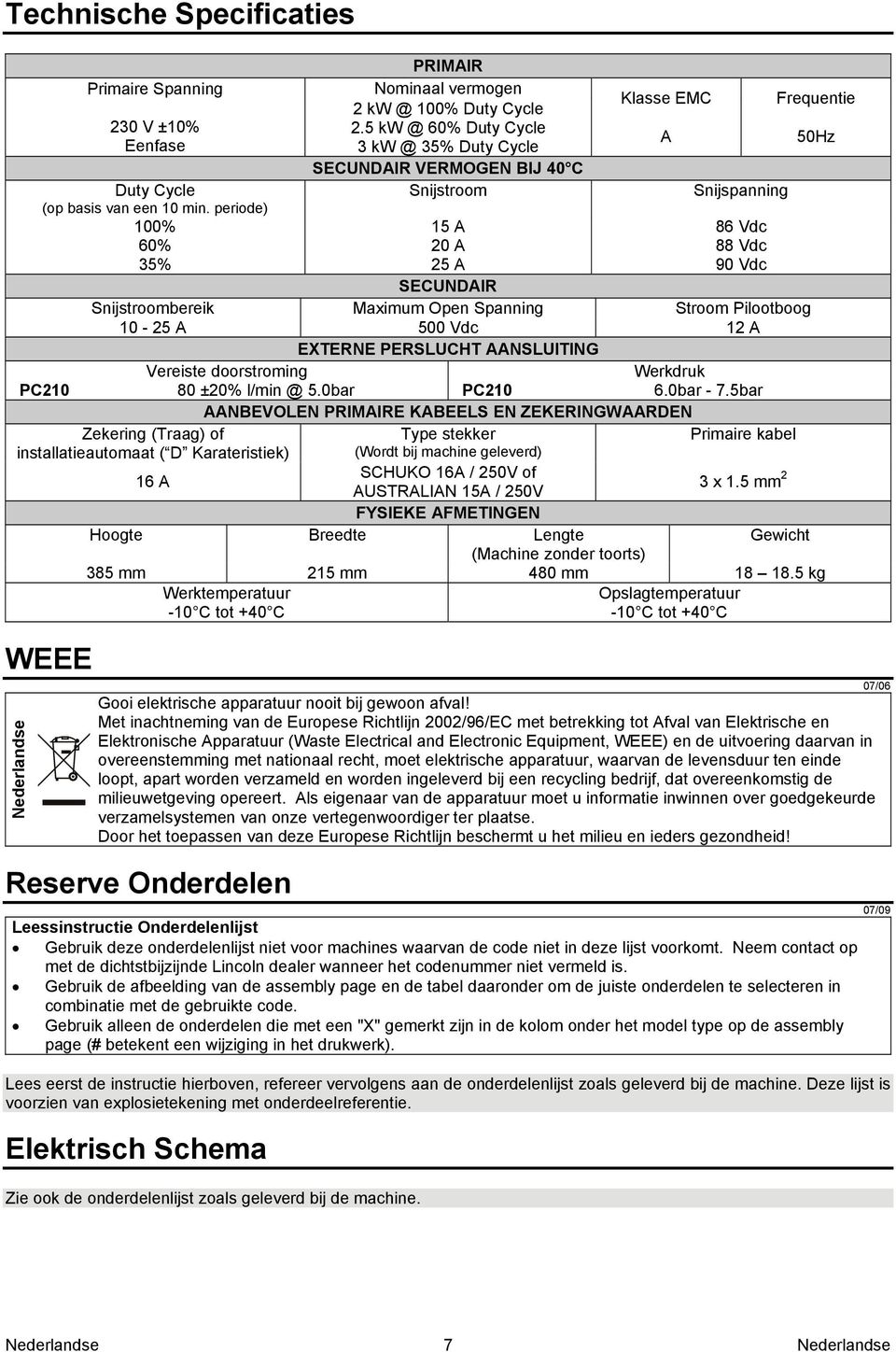 Spanning Stroom Pilootboog 10-25 A 500 Vdc 12 A EXTERNE PERSLUCHT AANSLUITING Vereiste doorstroming Werkdruk PC210 80 ±20% l/min @ 5.0bar PC210 6.0bar - 7.