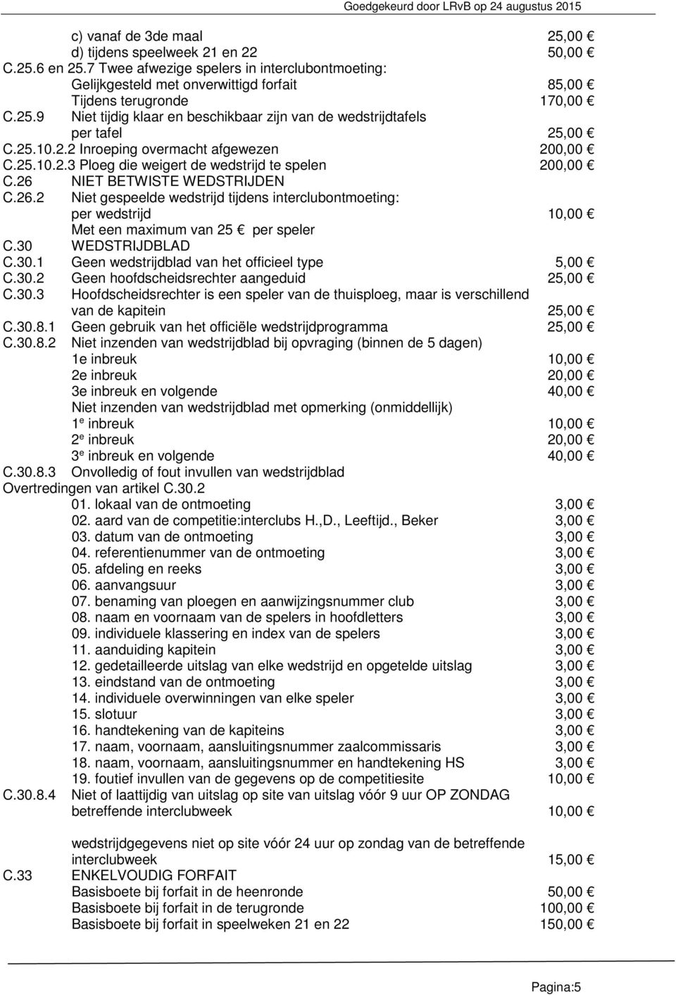 9 Niet tijdig klaar en beschikbaar zijn van de wedstrijdtafels per tafel 25,00 C.25.10.2.2 Inroeping overmacht afgewezen 200,00 C.25.10.2.3 Ploeg die weigert de wedstrijd te spelen 200,00 C.