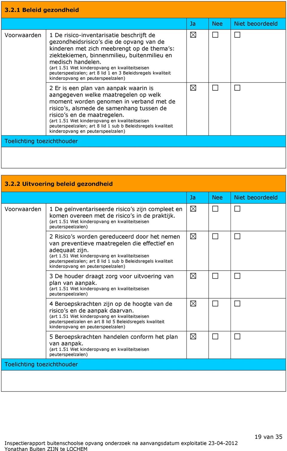 peuterspeelzalen; art 8 lid 1 en 3 Beleidsregels kwaliteit 2 Er is een plan van aanpak waarin is aangegeven welke maatregelen op welk moment worden genomen in verband met de risico s, alsmede de