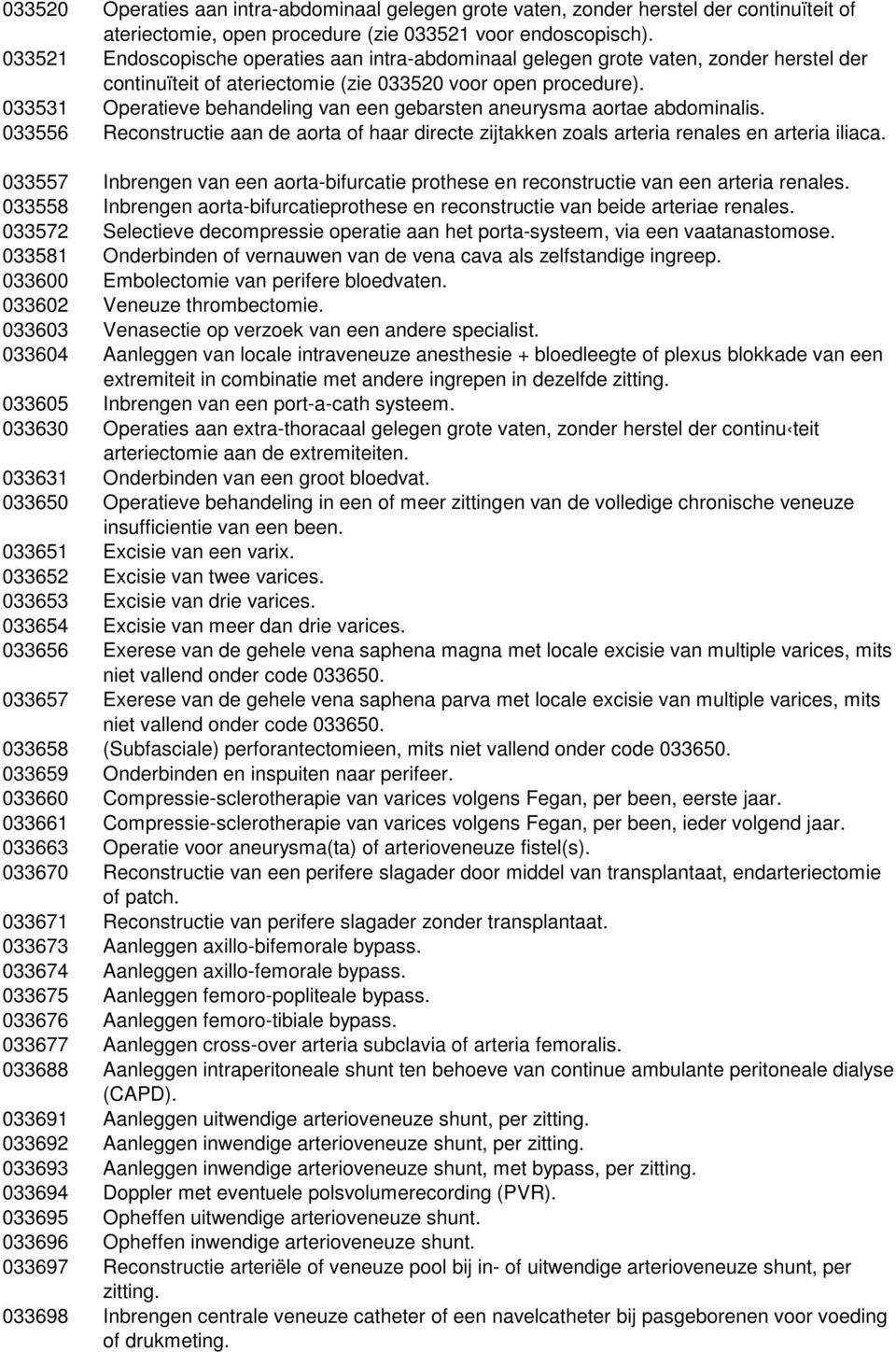 033531 Operatieve behandeling van een gebarsten aneurysma aortae abdominalis. 033556 Reconstructie aan de aorta of haar directe zijtakken zoals arteria renales en arteria iliaca.