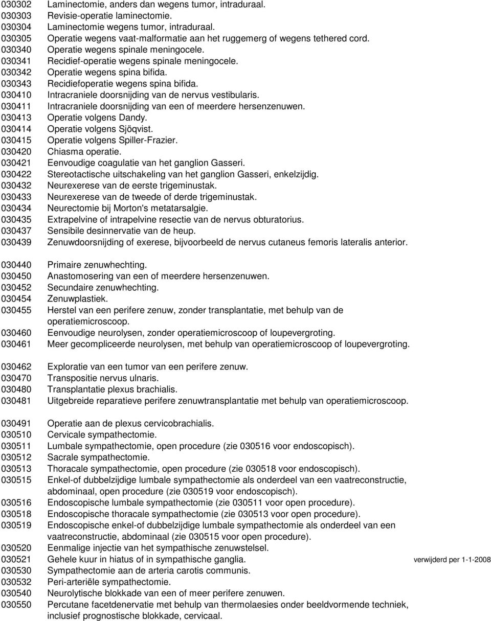 030342 Operatie wegens spina bifida. 030343 Recidiefoperatie wegens spina bifida. 030410 Intracraniele doorsnijding van de nervus vestibularis.