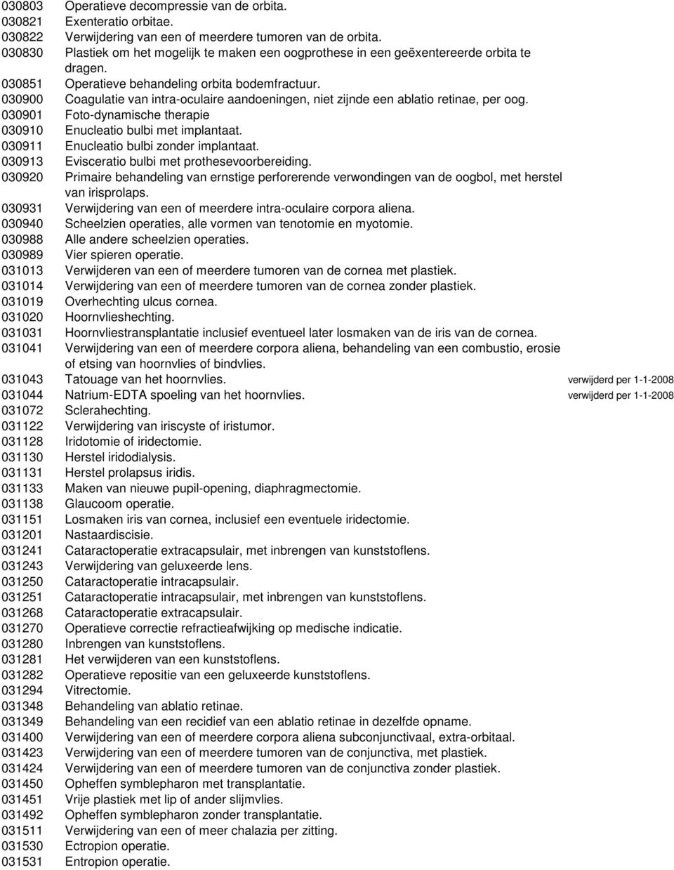 030900 Coagulatie van intra-oculaire aandoeningen, niet zijnde een ablatio retinae, per oog. 030901 Foto-dynamische therapie 030910 Enucleatio bulbi met implantaat.