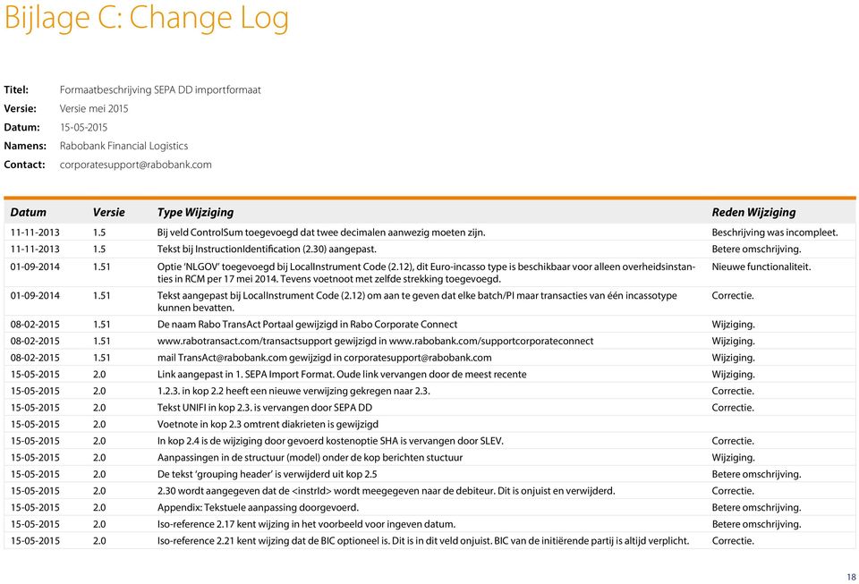 30) aangepast. Betere omschrijving. 01-09-2014 1.51 Optie NLGOV toegevoegd bij LocalInstrument Code (2.12), dit Euro-incasso type is beschikbaar voor alleen overheidsinstanties Nieuwe functionaliteit.