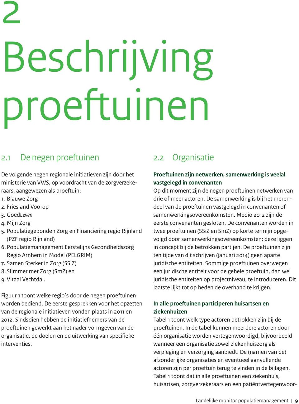 management Eerstelijns Gezondheidszorg Regio Arnhem in Model (PELGRIM) 7. Samen Sterker in Zorg (SSiZ) 8. Slimmer met Zorg (SmZ) en 9. Vitaal Vechtdal.