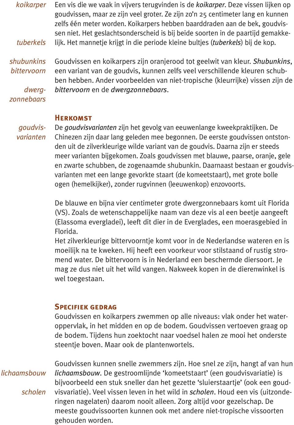 Het mannetje krijgt in die periode kleine bultjes (tuberkels) bij de kop. Goudvissen en koikarpers zijn oranjerood tot geelwit van kleur.