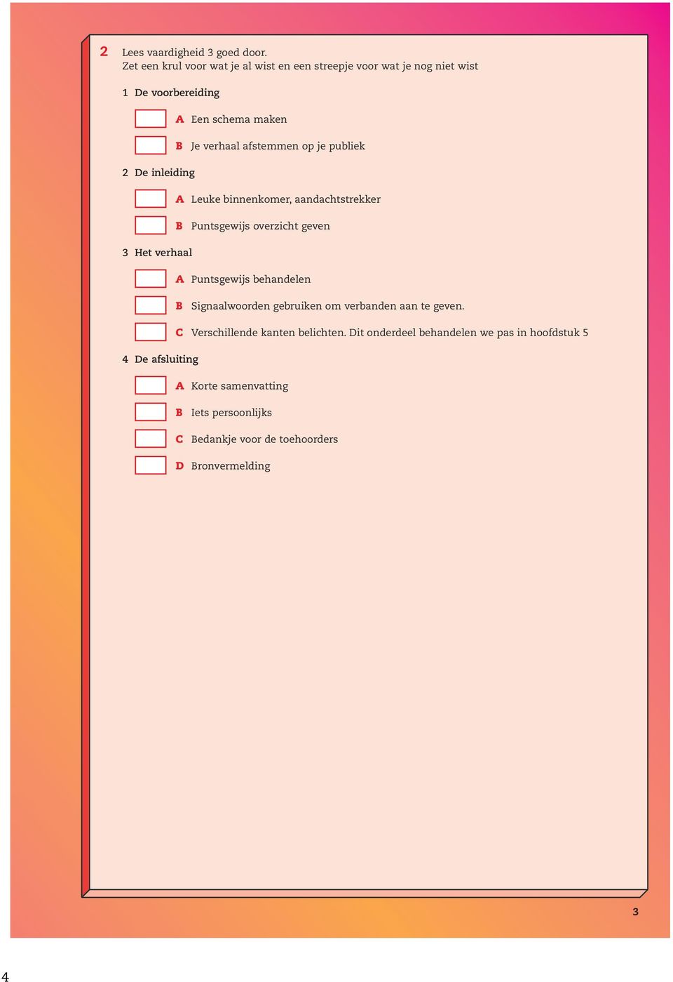 afsluiting a Een schema maken b Je verhaal afstemmen op je publiek a Leuke binnenkomer, aandachtstrekker b Puntsgewijs overzicht geven a