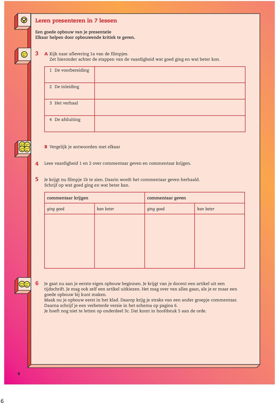 1 De voorbereiding 2 De inleiding 3 Het verhaal 4 De afsluiting b Vergelijk je antwoorden met elkaar 4 Lees vaardigheid 1 en 2 over commentaar geven en commentaar krijgen.