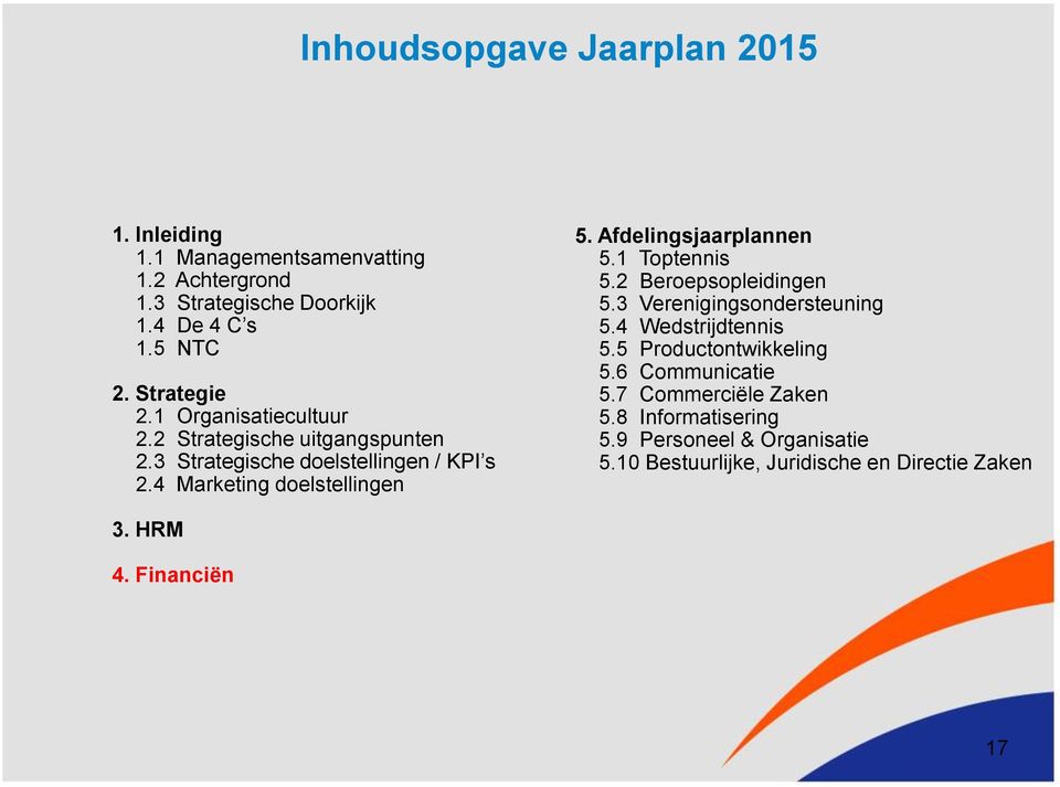 Afdelingsjaarplannen 5.1 Toptennis 5.2 Beroepsopleidingen 5.3 Verenigingsondersteuning 5.4 Wedstrijdtennis 5.5 Productontwikkeling 5.