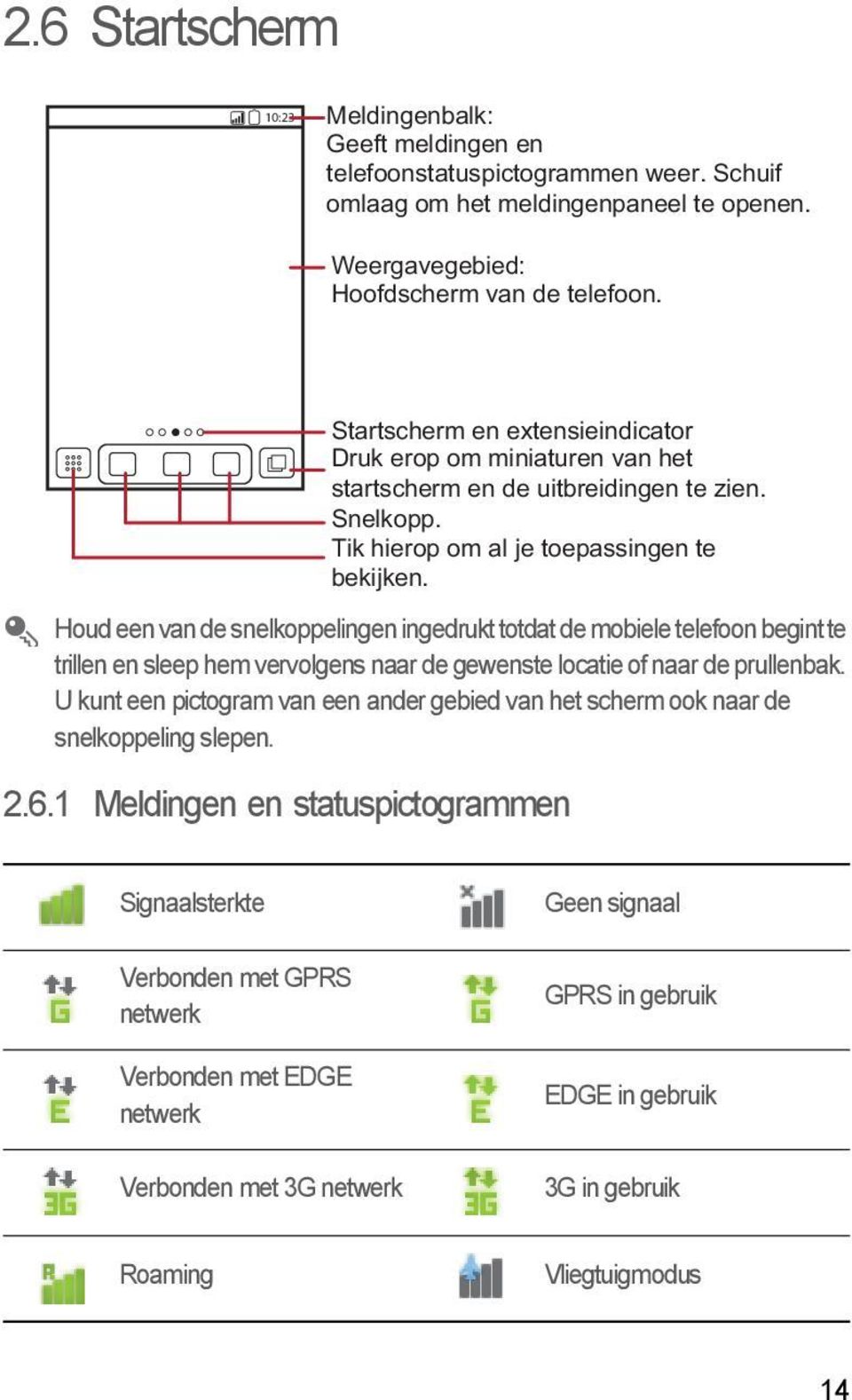 Houd een van de snelkoppelingen ingedrukt totdat de mobiele telefoon begint te trillen en sleep hem vervolgens naar de gewenste locatie of naar de prullenbak.