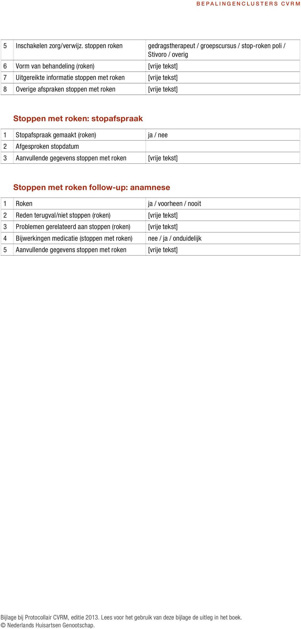 [vrije tekst] 8 Overige afspraken stoppen met roken [vrije tekst] Stoppen met roken: stopafspraak 1 Stopafspraak gemaakt (roken) ja / nee 2 Afgesproken stopdatum 3 Aanvullende