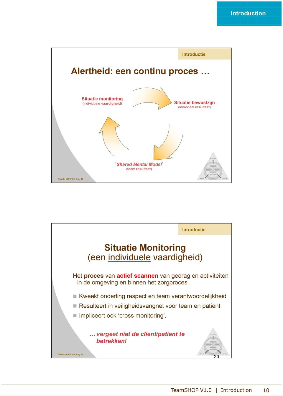 0 Pag 19 Situatie Monitoring (een individuele vaardigheid) Het proces van actief scannen van gedrag en activiteiten in de omgeving en