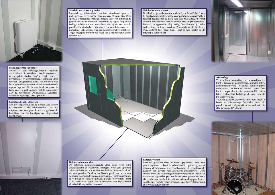 De studio heeft standaard een ventilatiepaneel, een paneel met kabeldoorvoer en een paneel voor de ventilatieset. Tegen meerprijs kunnen ook meer van deze panelen worden opgenomen.