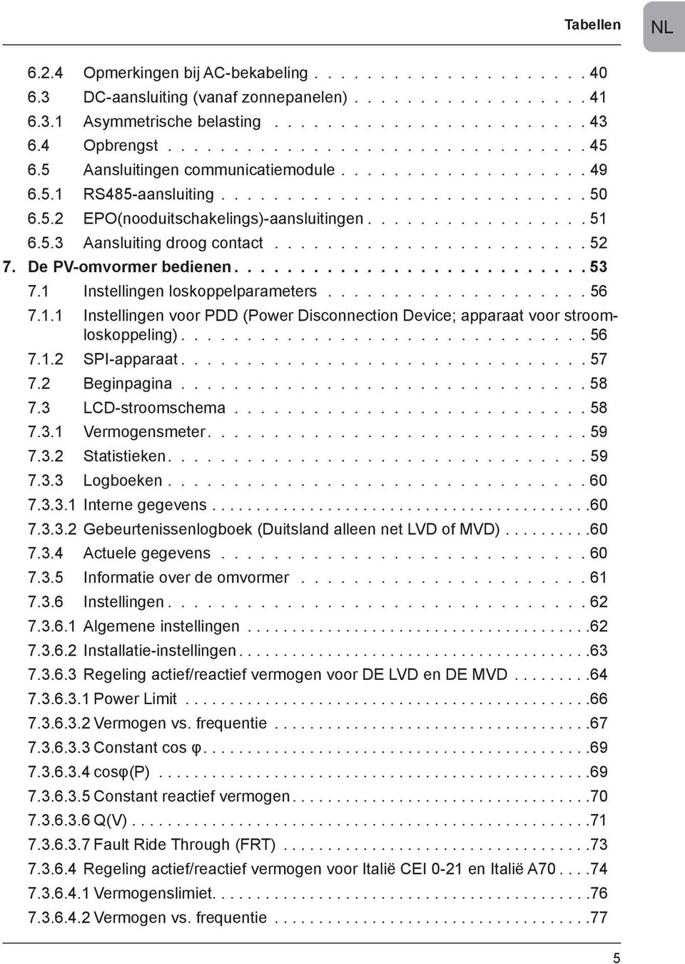 ................ 51 6.5.3 Aansluiting droog contact........................ 52 7. De PV-omvormer bedienen........................... 53 7.1 Instellingen loskoppelparameters.................... 56 7.1.1 Instellingen voor PDD (Power Disconnection Device; apparaat voor stroomloskoppeling).