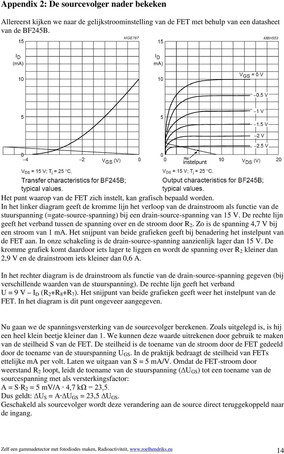 In het linker diagram geeft de kromme lin het verloop van de drainstroom als functie van de stuurspanning (gate-source-spanning) bi een drain-source-spanning van 5 V.