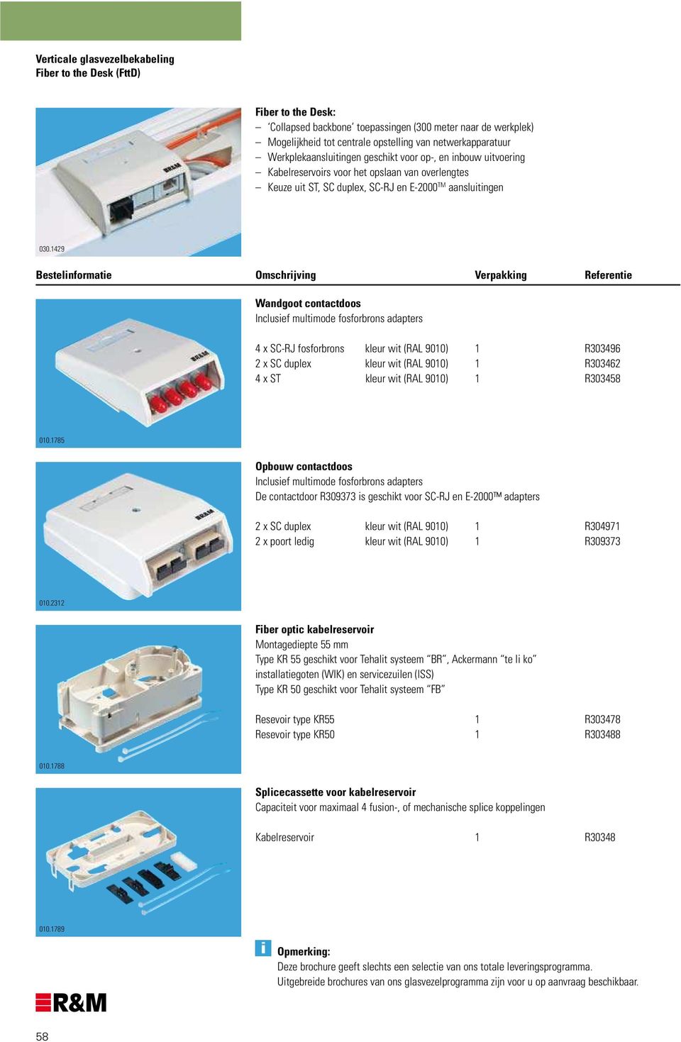 1429 Wandgoot contactdoos Inclusief multimode fosforbrons adapters 4 x SC-RJ fosforbrons kleur wit (RAL 9010) 1 R303496 2 x SC duplex kleur wit (RAL 9010) 1 R303462 4 x ST kleur wit (RAL 9010) 1