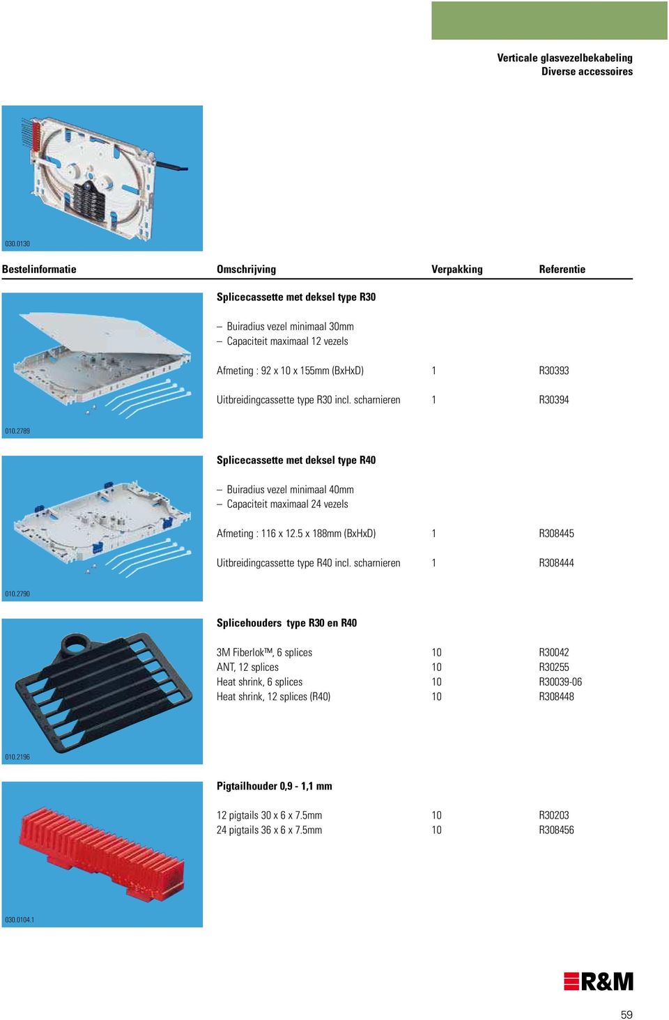 scharnieren 1 R30394 010.2789 Splicecassette met deksel type R40 Buiradius vezel minimaal 40mm Capaciteit maximaal 24 vezels Afmeting : 116 x 12.