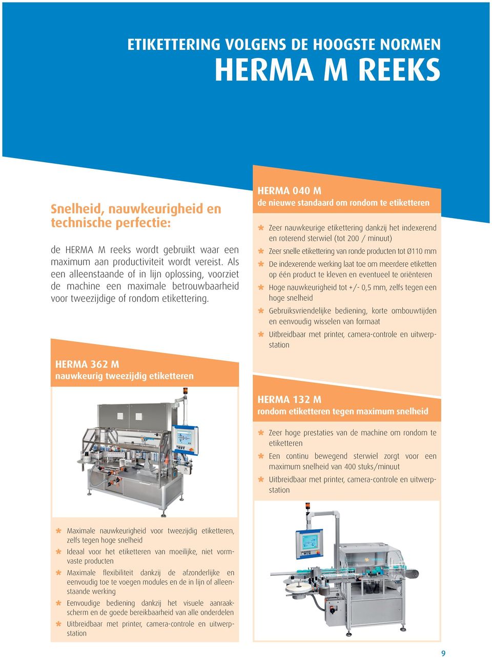 HERMA 040 M de nieuwe standaard om rondom te etiketteren Zeer nauwkeurige etikettering dankzij het indexerend en roterend sterwiel (tot 200 / minuut) Zeer snelle etikettering van ronde producten tot
