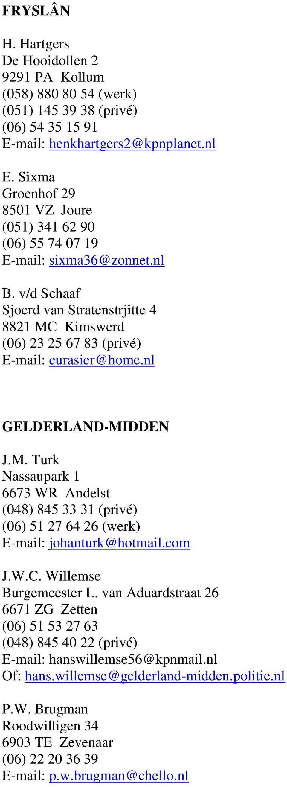 v/d Schaaf Sjoerd van Stratenstrjitte 4 8821 MC Kimswerd (06) 23 25 67 83 (privé) E-mail: eurasier@home.nl GELDERLAND-MIDDEN J.M. Turk Nassaupark 1 6673 WR Andelst (048) 845 33 31 (privé) (06) 51 27 64 26 (werk) E-mail: johanturk@hotmail.