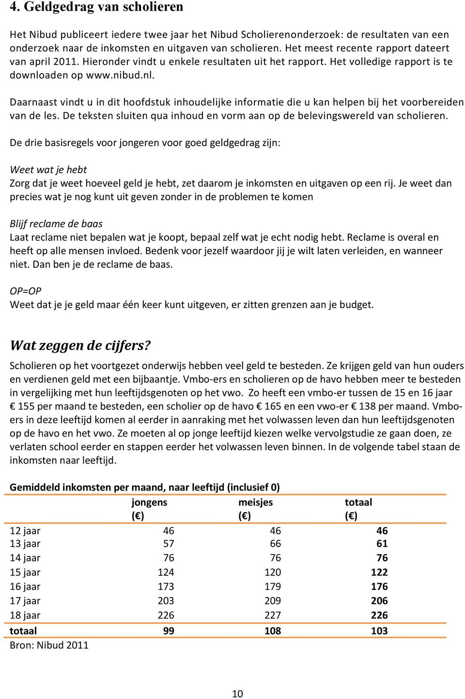 aden op www.nibud.nl. Daarnaast vindt u in dit hoofdstuk inhoudelijke informatie die u kan helpen bij het voorbereiden van de les.