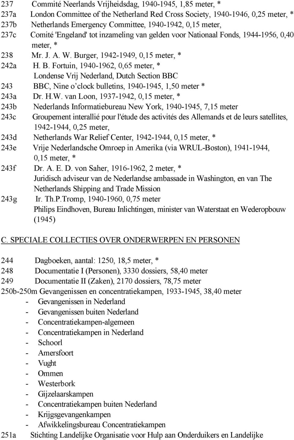 rger, 1942-1949, 0,15 meter, * 242a H. B. Fortuin, 1940-1962, 0,65 meter, * Londense Vrij Nederland, Dutch Section BBC 243 BBC, Nine o clock bulletins, 1940-1945, 1,50 meter * 243a Dr. H.W.