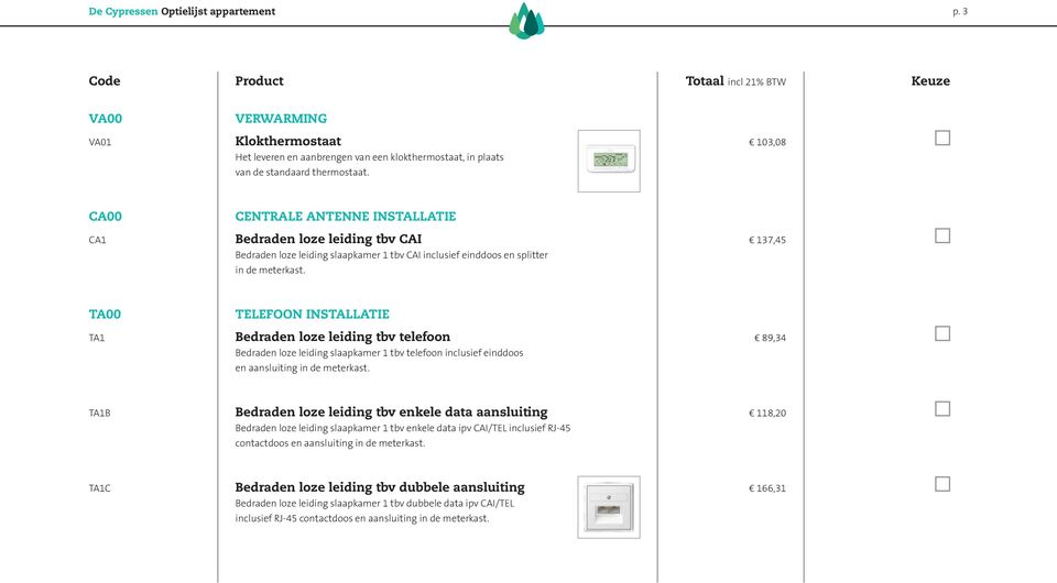 137,45 TA00 TA1 TELEFOON INSTALLATIE Bedraden loze leiding tbv telefoon Bedraden loze leiding slaapkamer 1 tbv telefoon inclusief einddoos en aansluiting in de meterkast.