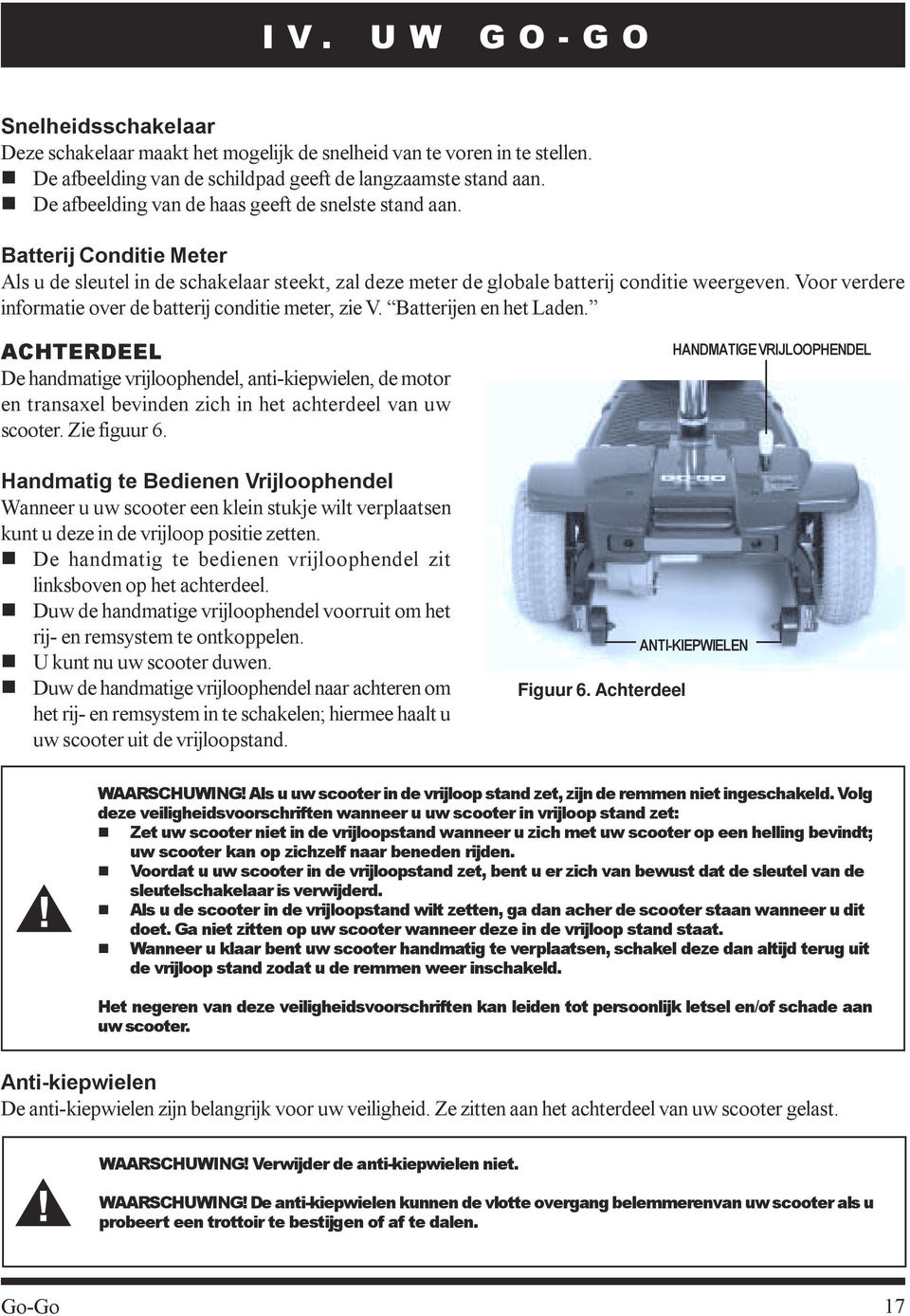 meter, zie V Batterijen en het Laden ACHTERDEEL De handmatige vrijloophendel, anti-kiepwielen, de motor en transaxel bevinden zich in het achterdeel van uw scooter Zie figuur 6 Handmatig te Bedienen
