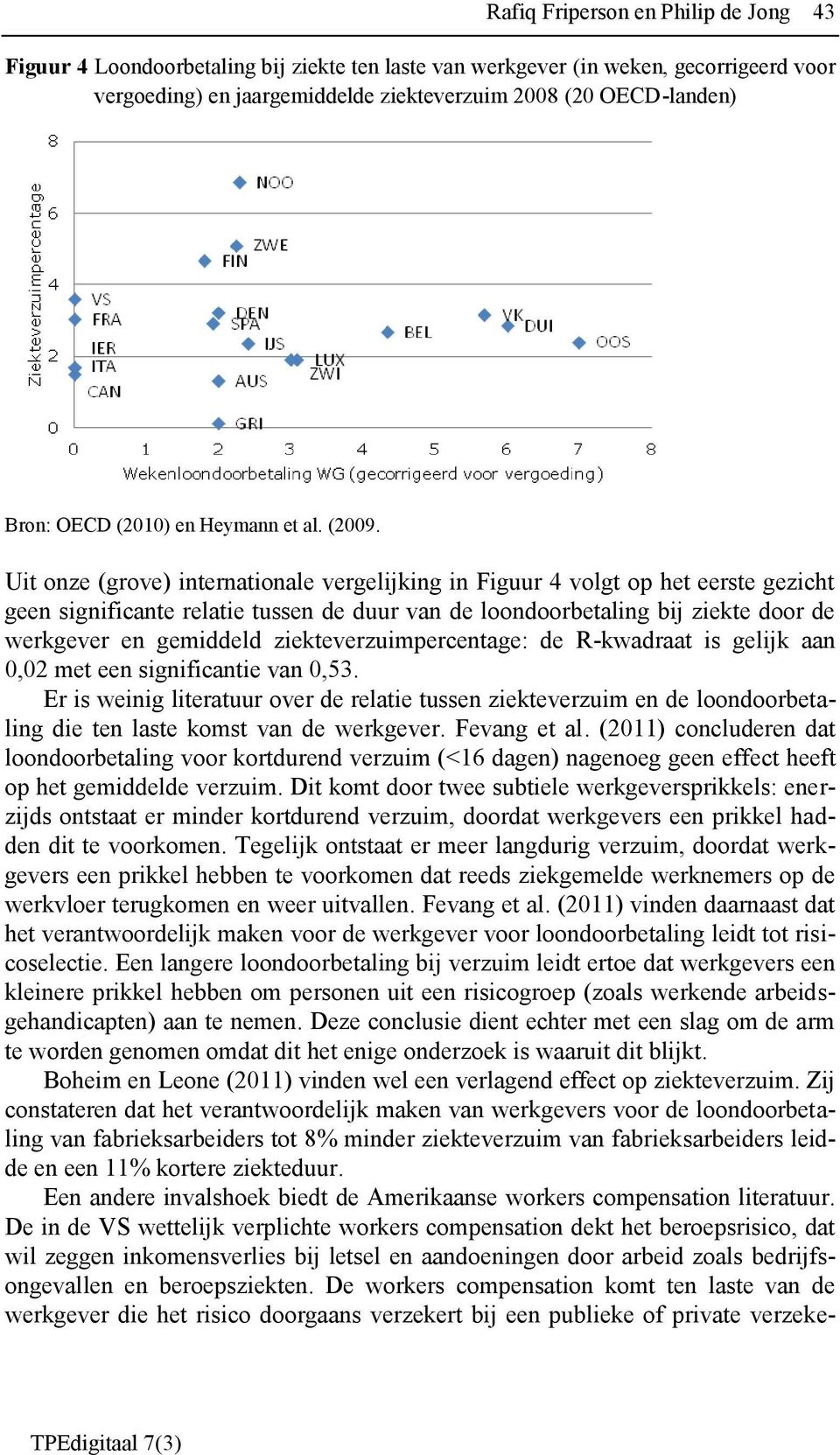 Uit onze (grove) internationale vergelijking in Figuur 4 volgt op het eerste gezicht geen significante relatie tussen de duur van de loondoorbetaling bij ziekte door de werkgever en gemiddeld