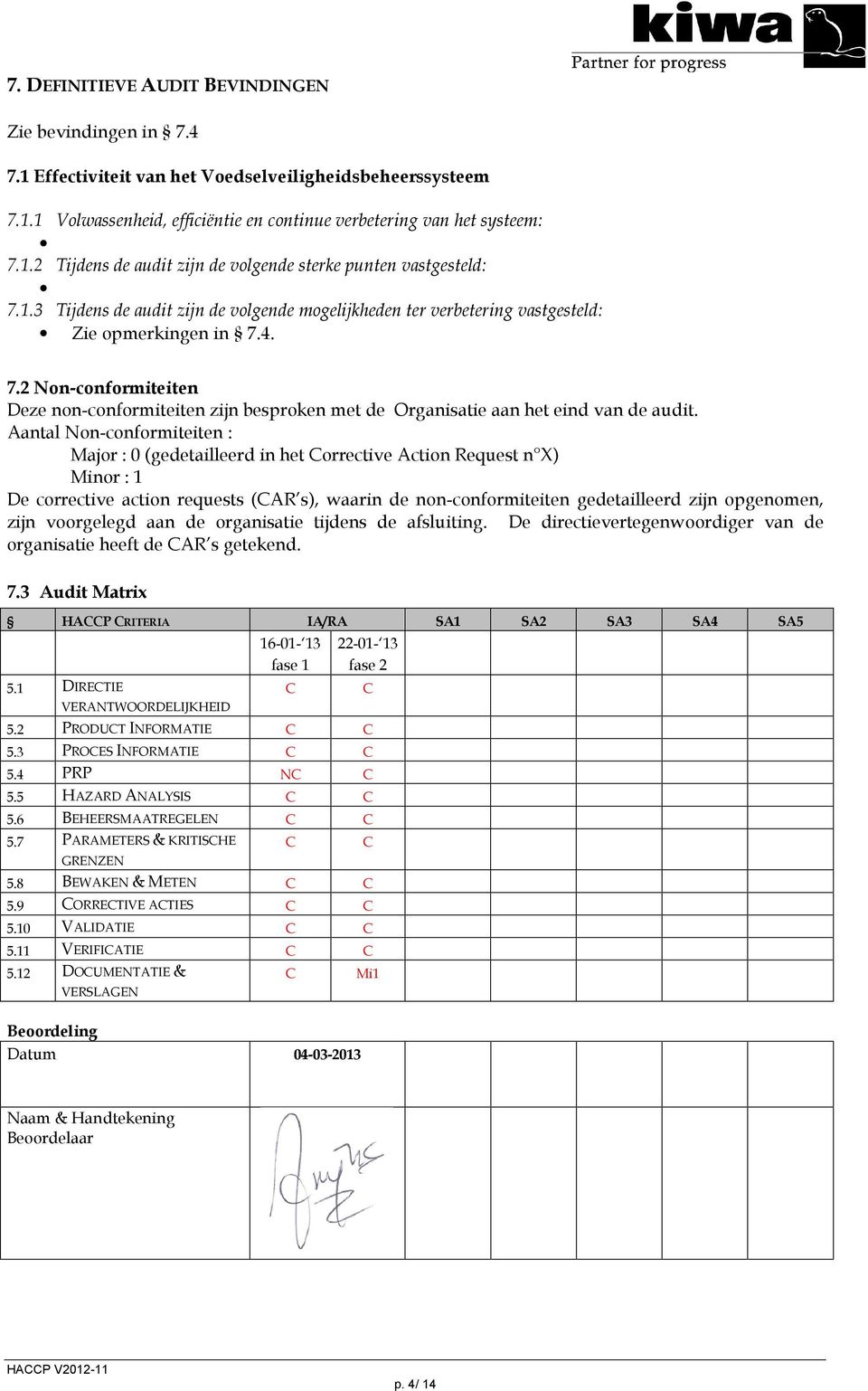 4. 7.2 Non-conformiteiten Deze non-conformiteiten zijn besproken met de Organisatie aan het eind van de audit.