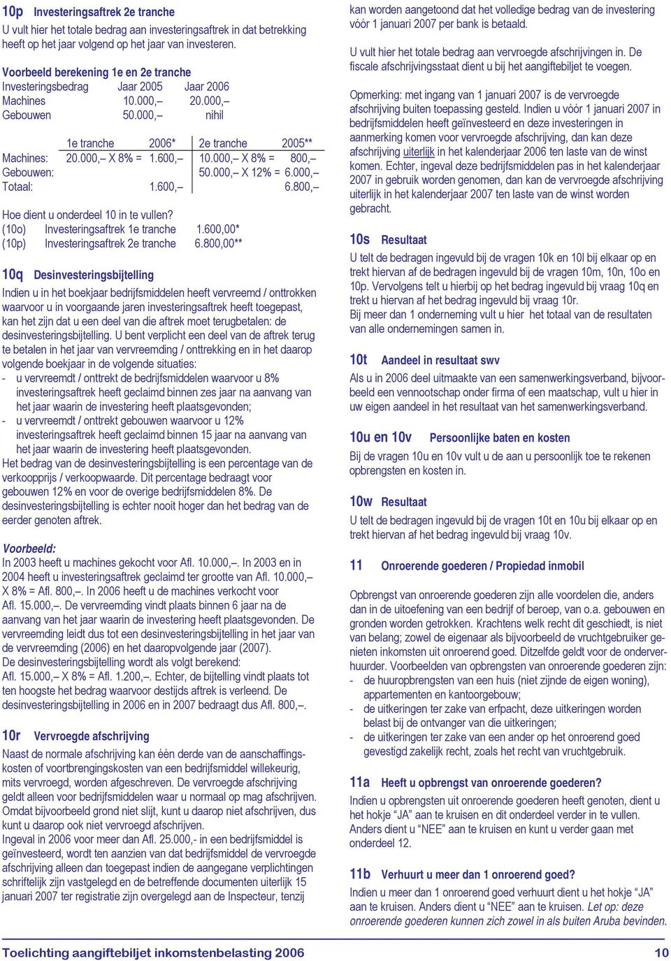 0, X 8% = 8, Gebouwen: 50.0, X 12% = 6.0, Totaal: 1.6, 6.8, Hoe dient u onderdeel 10 in te vullen? (10o) Investeringsaftrek 1e tranche 1.6,* (10p) Investeringsaftrek 2e tranche 6.