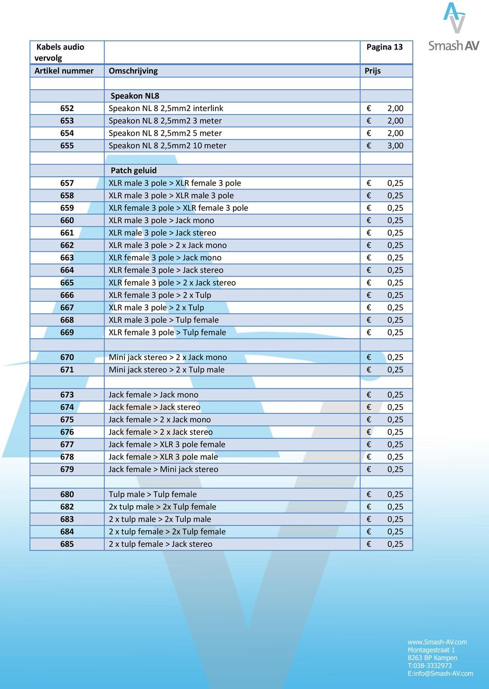 pole > Jack mono 0,25 661 XLR male 3 pole > Jack stereo 0,25 662 XLR male 3 pole > 2 x Jack mono 0,25 663 XLR female 3 pole > Jack mono 0,25 664 XLR female 3 pole > Jack stereo 0,25 665 XLR female 3