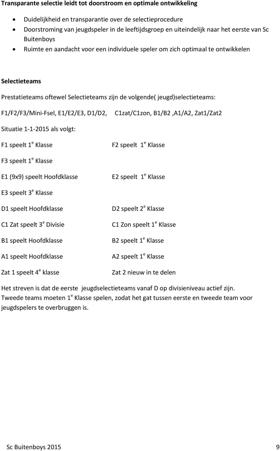 F1/F2/F3/Mini-Fsel, E1/E2/E3, D1/D2, C1zat/C1zon, B1/B2,A1/A2, Zat1/Zat2 Situatie 1-1-2015 als volgt: F1 speelt 1 e Klasse F2 speelt 1 e Klasse F3 speelt 1 e Klasse E1 (9x9) speelt Hoofdklasse E2