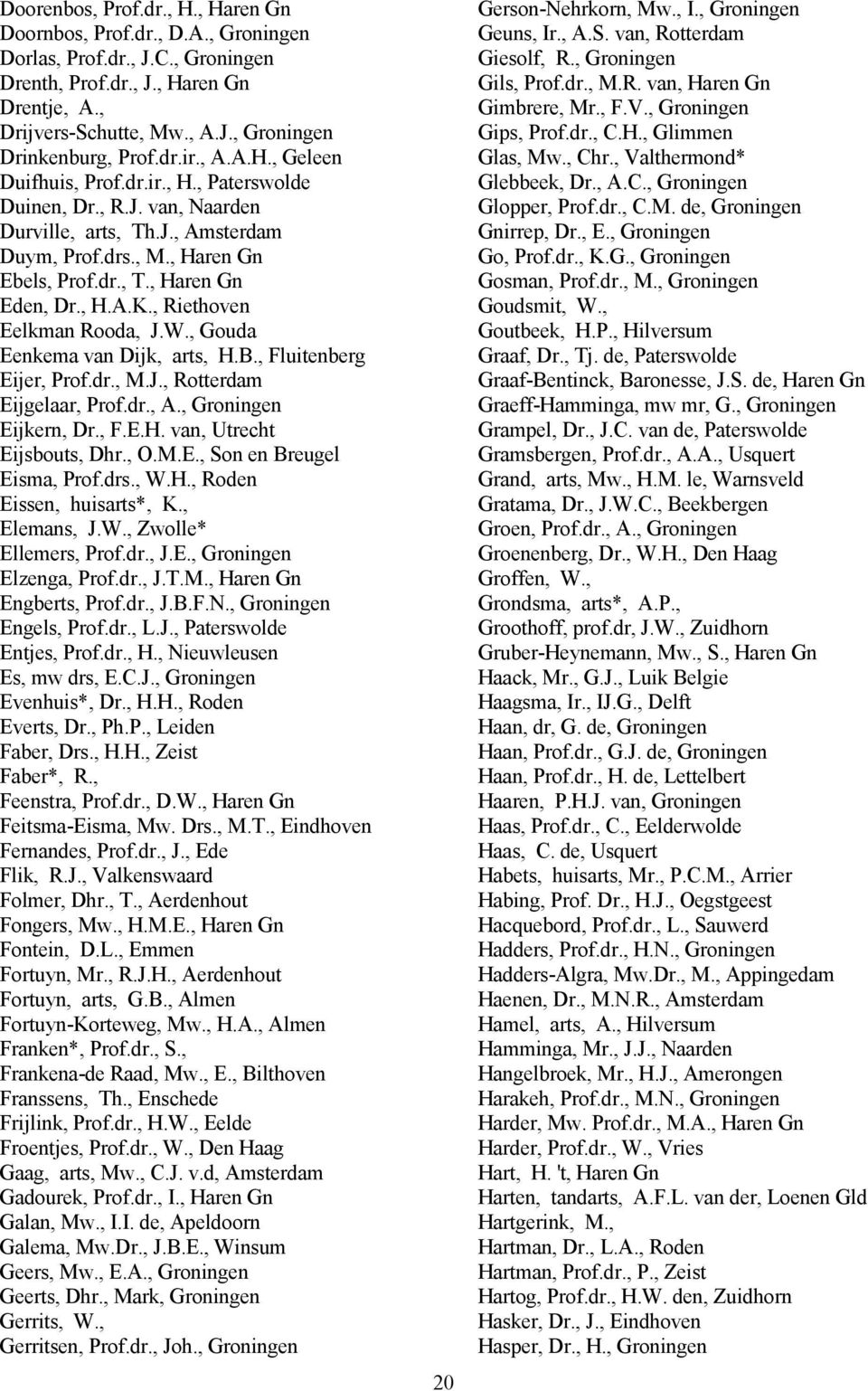 , Riethoven Eelkman Rooda, J.W., Gouda Eenkema van Dijk, arts, H.B., Fluitenberg Eijer, Prof.dr., M.J., Rotterdam Eijgelaar, Prof.dr., A., Groningen Eijkern, Dr., F.E.H. van, Utrecht Eijsbouts, Dhr.