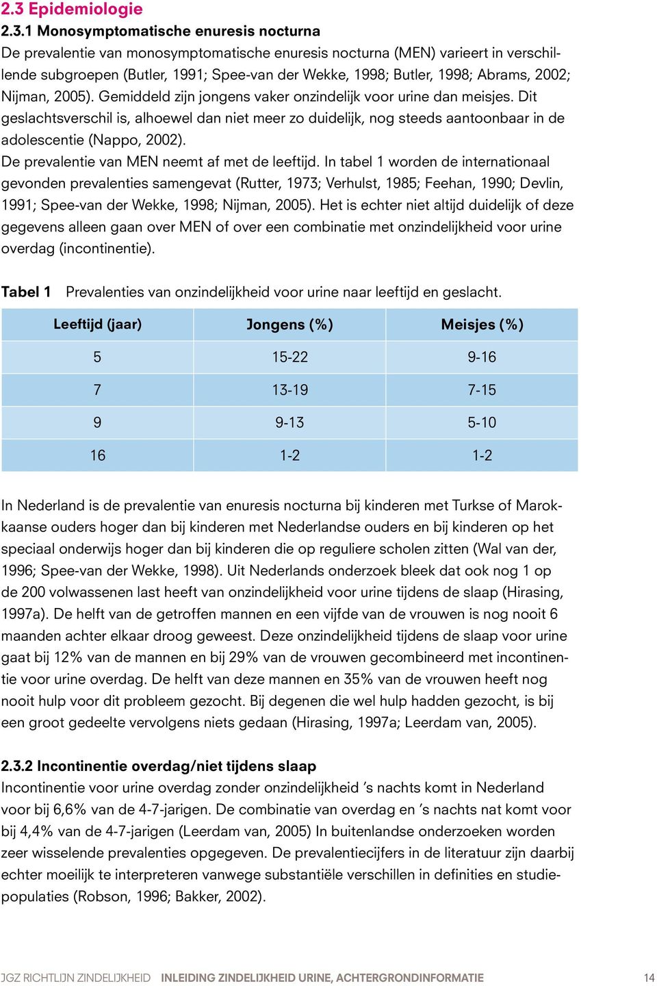 Dit geslachtsverschil is, alhoewel dan niet meer zo duidelijk, nog steeds aantoonbaar in de adolescentie (Nappo, 2002). De prevalentie van MEN neemt af met de leeftijd.