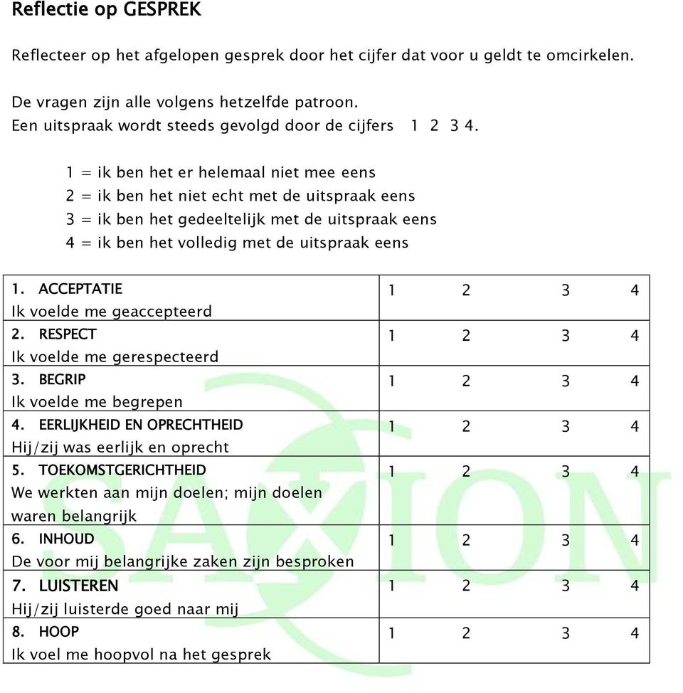 1 = ik ben het er helemaal niet mee eens 2 = ik ben het niet echt met de uitspraak eens 3 = ik ben het gedeeltelijk met de uitspraak eens 4 = ik ben het volledig met de uitspraak eens 1.