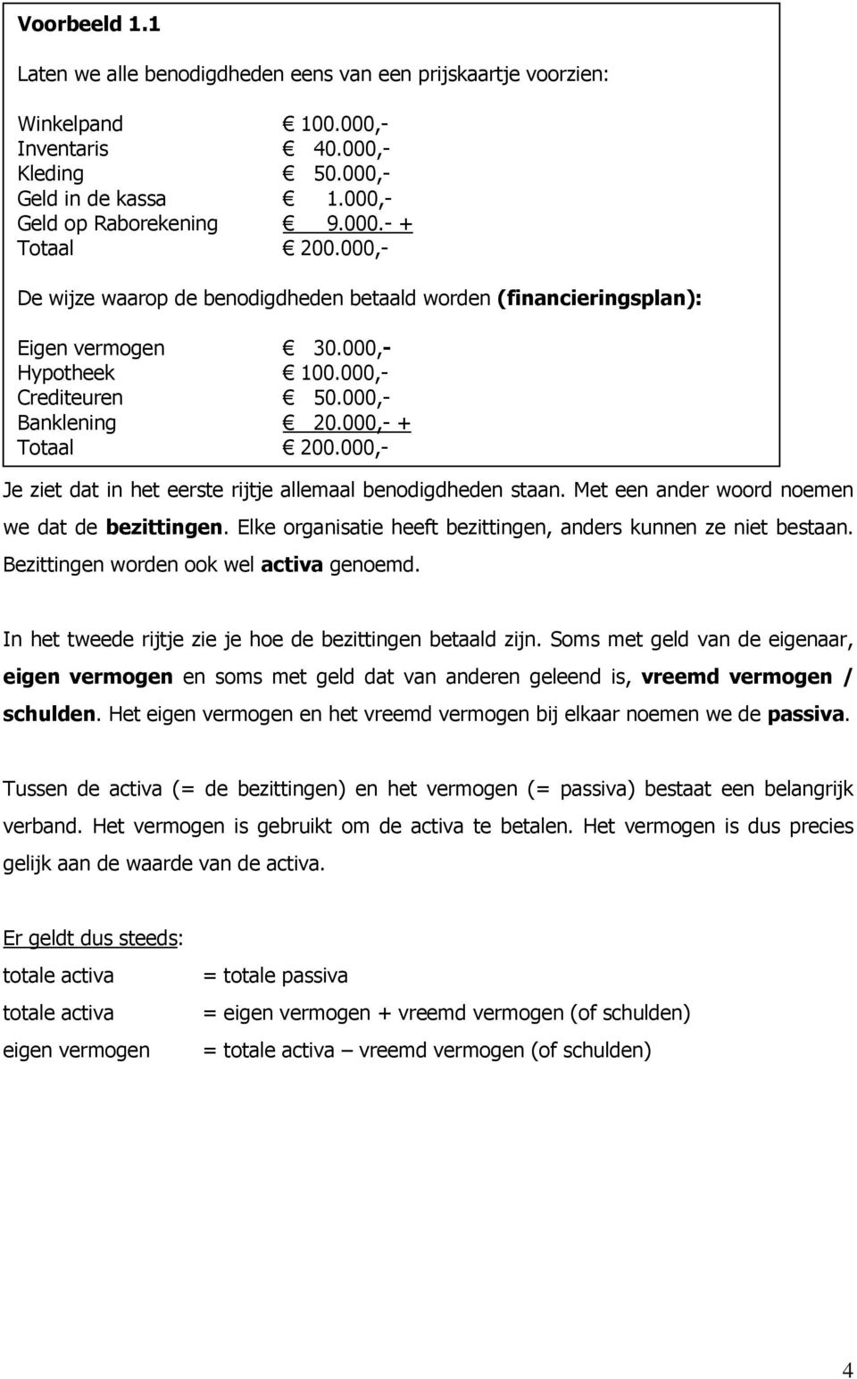 000,- Je ziet dat in het eerste rijtje allemaal benodigdheden staan. Met een ander woord noemen we dat de bezittingen. Elke organisatie heeft bezittingen, anders kunnen ze niet bestaan.