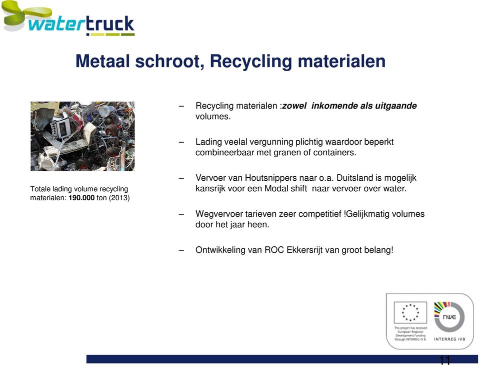 Totale lading volume recycling materialen: 190.000 ton (2013) Vervoer van Houtsnippers naar o.a. Duitsland is mogelijk kansrijk voor een Modal shift naar vervoer over water.