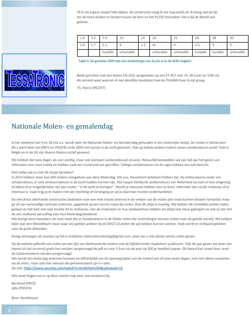 5 5 3 tunable untunable untunable untunable tunable tunable untunable Tabel 3: De gemeten SWR met een stralerlengte van 16,2m is en de 4C65 ringkern Beide gemeten met een Daiwa CN-101l, aangesloten