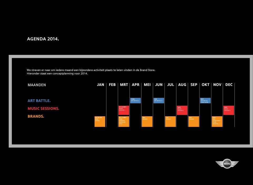 3 MEI: ART BATTLE 2. JUN: ART BATTLE 3. OKT: ART BATTLE FINAL SHOW. MUSIC SESSIONS. D1 22 MRT: MUSIC SESSION 1. AUG: MUSIC SESSION 2.